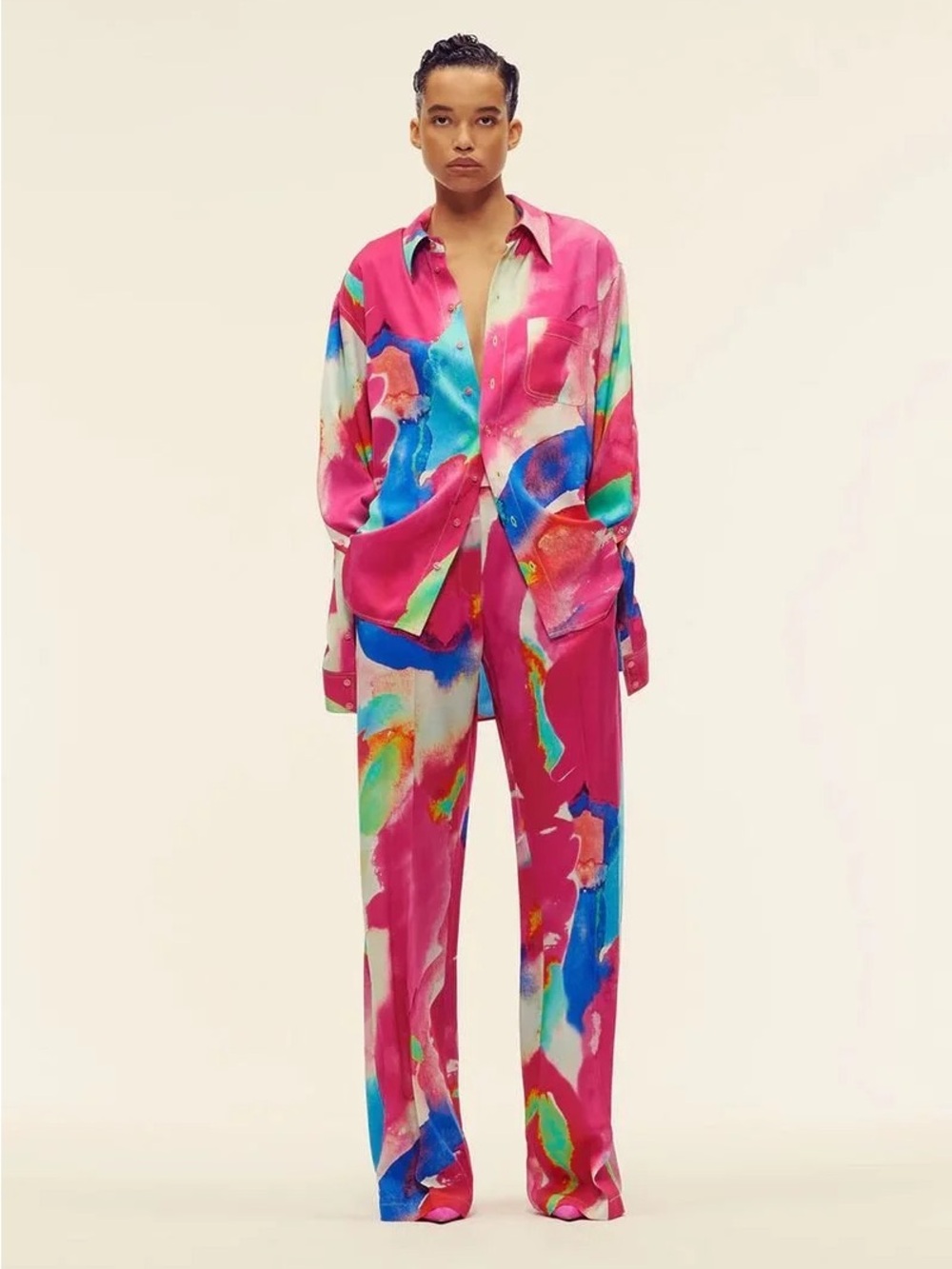 CHRISTOPHER JOHN ROGERS RESORT 2023 vibrant watercolor wide leg pants